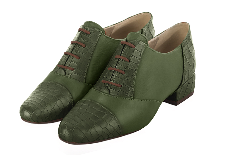 Forest green women's essential lace-up shoes. Round toe. Low block heels. Front view - Florence KOOIJMAN